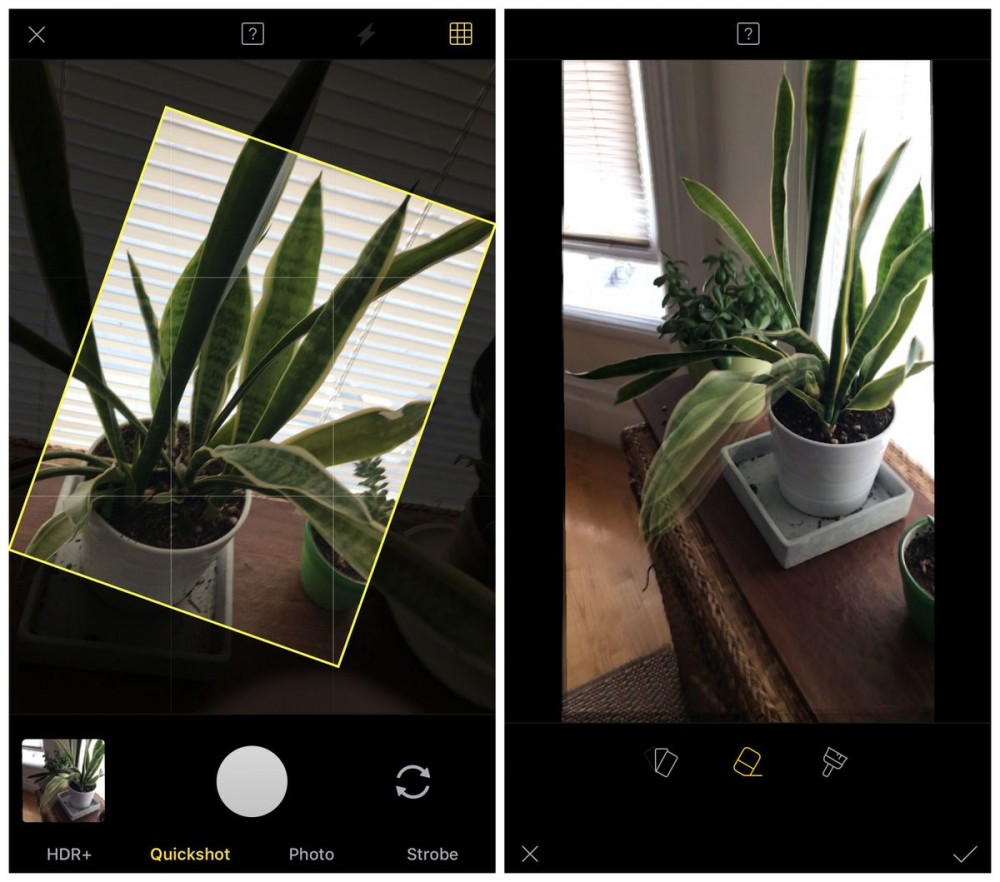 Quickshot mode (left) corrects tilted photos as you shoot. Strobe (right) lets you shoot action shots that show motion.