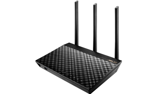 patterned black wireless router with three antennae