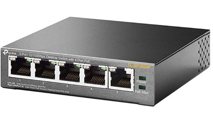 black network switch with five Ethernet ports