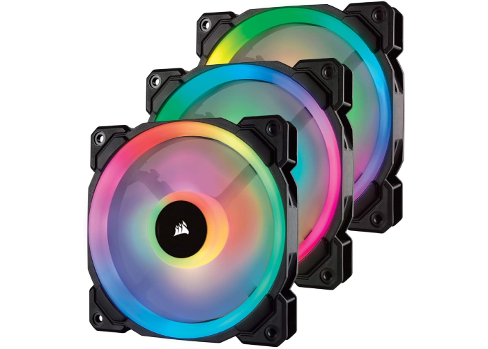 three multicolored RGB fans