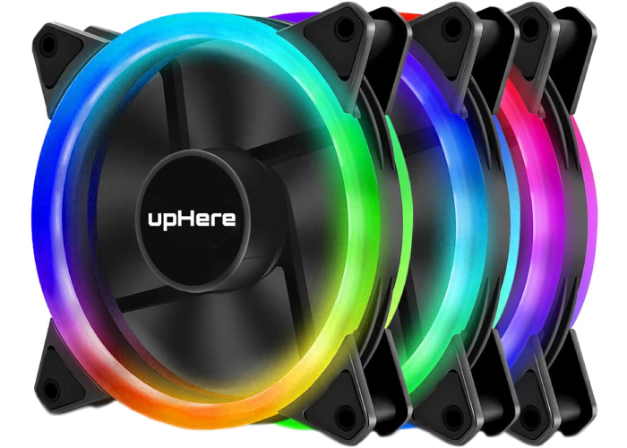 three light up, multicolored RGB fans in a row