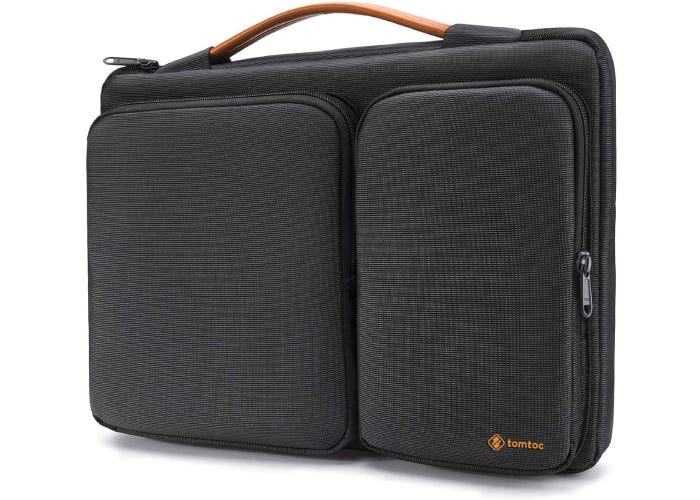 textured dark gray laptop case with a carrying handle and double front pockets