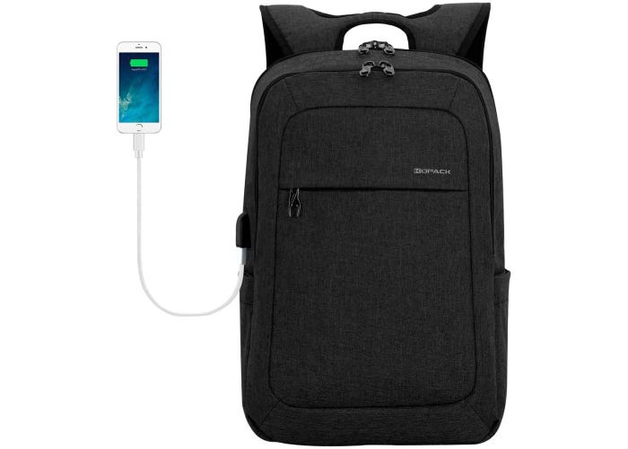 black backpack-style laptop case with an smartphone charging slot