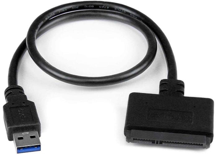 coiled black SATA cable with a USB head