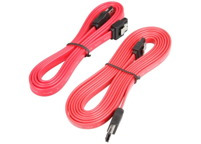 two coiled and tied pale red eSATA cables with black heads