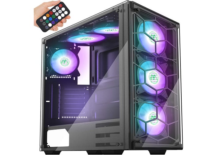 an RGB case with a lot of ventilation and purple and blue lighting