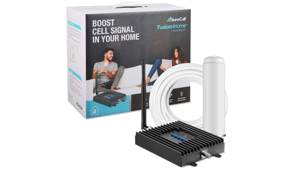 gray cell phone booster with a white cable and accessory beside their box