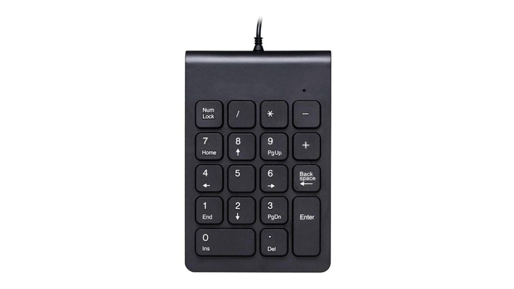 a black numerical keypad with a cord attached to it