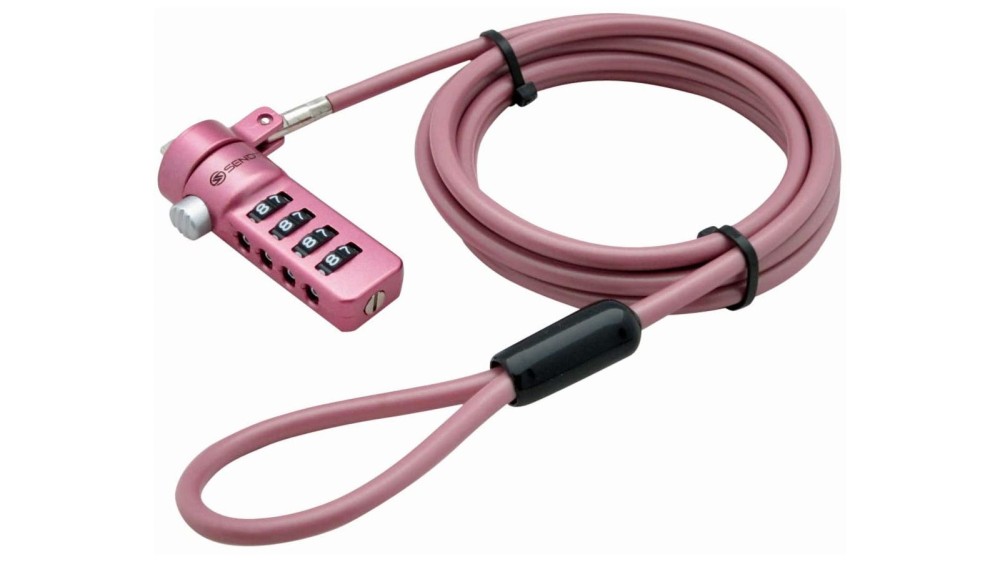 A pink laptop combination lock with a loop on the end and a four-number locking system. 