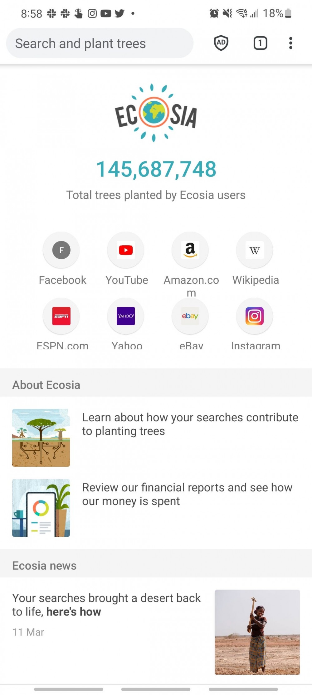 ecosia app home screen showing how many trees have been planted