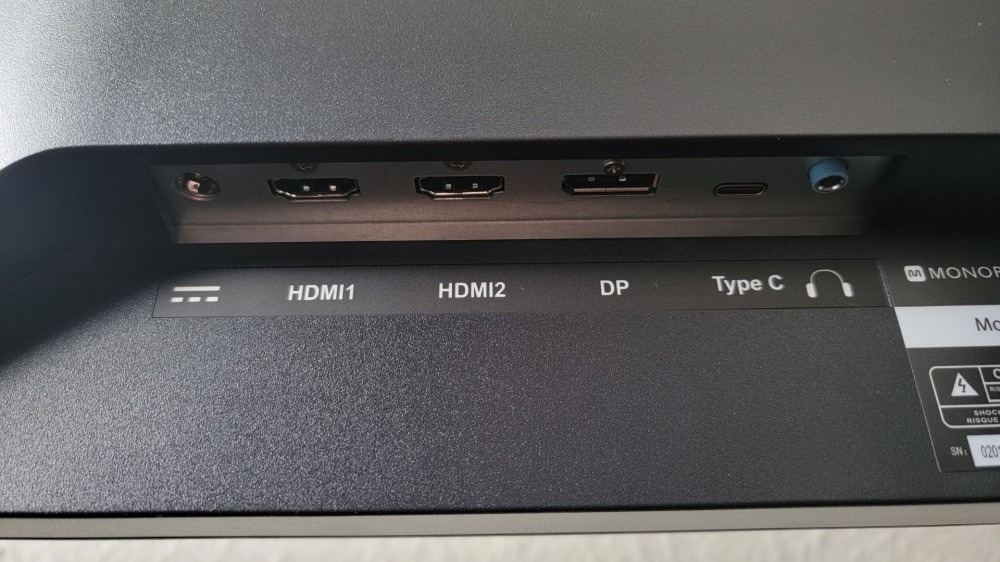 showing available ports on the 32 inch monoprice monitor, including two hdmi ports, a display port, a type c port, and a headphone jack