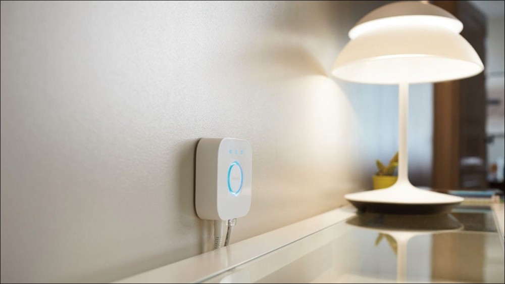 A Philips Hue smart light hub.