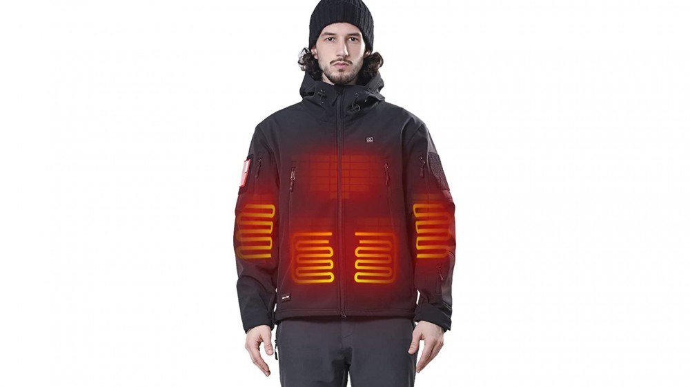 A man wears a heated jacket.