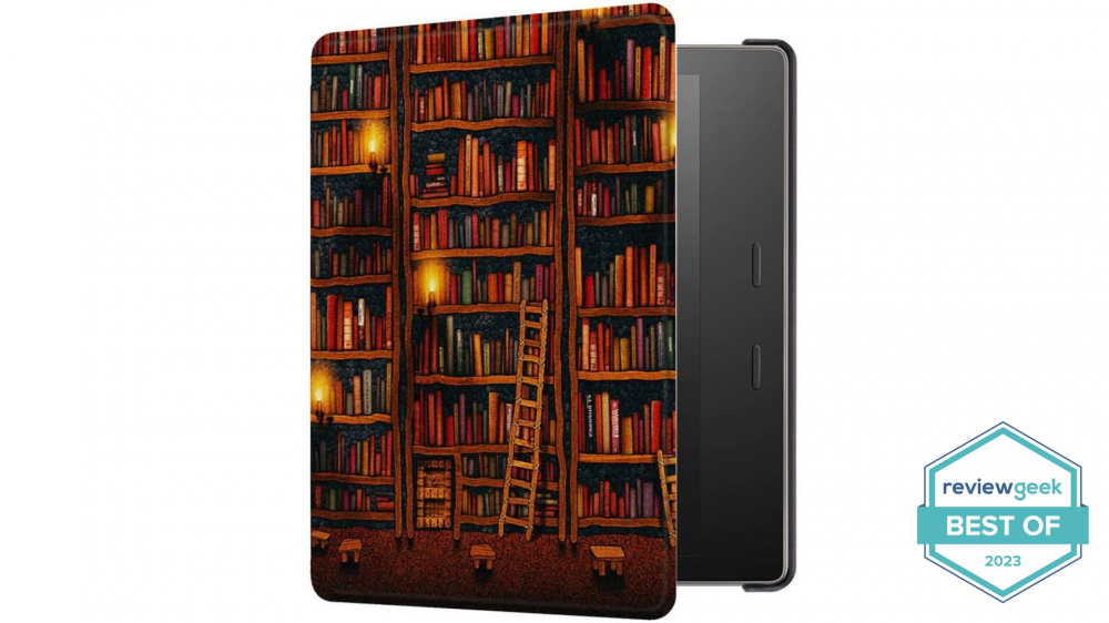 A Kindle Oasis case with a picture of library shelves on it is partially open.