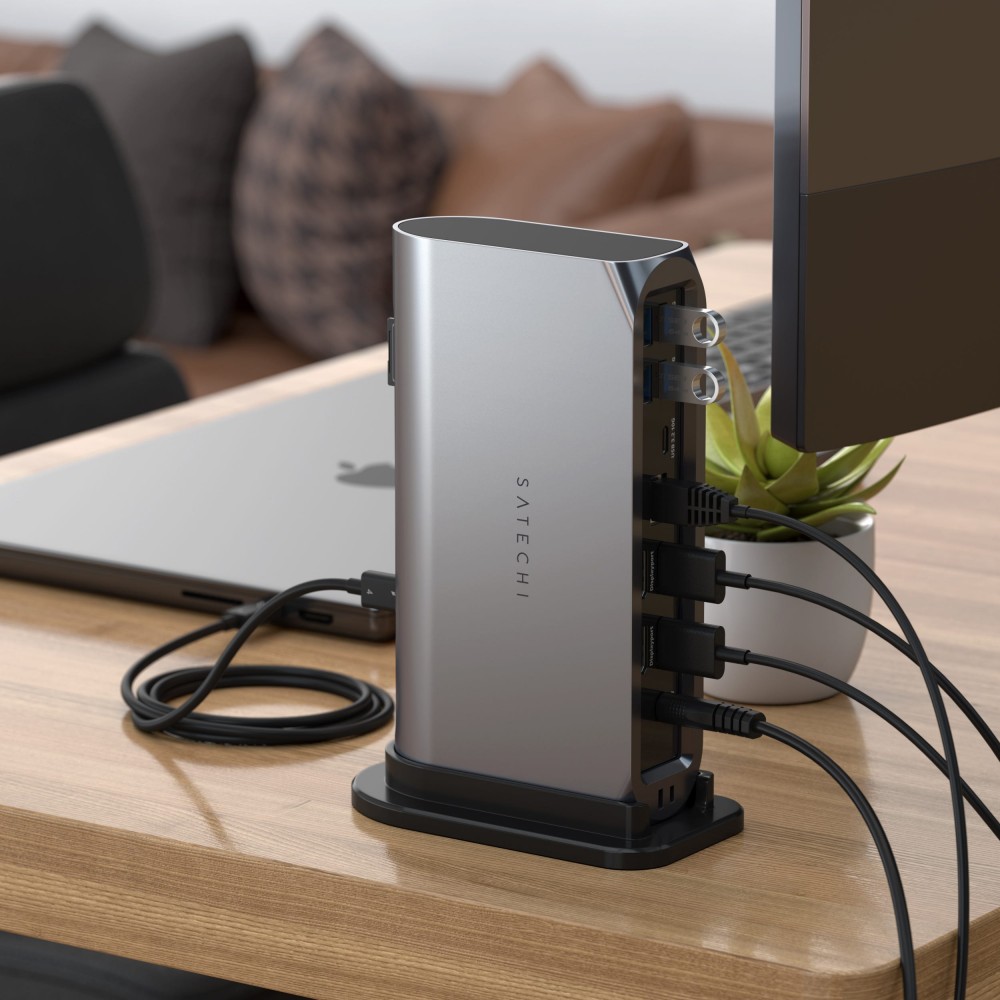 Satechi Thunderbolt 4 Multimedia Dock upright in its optional stand.