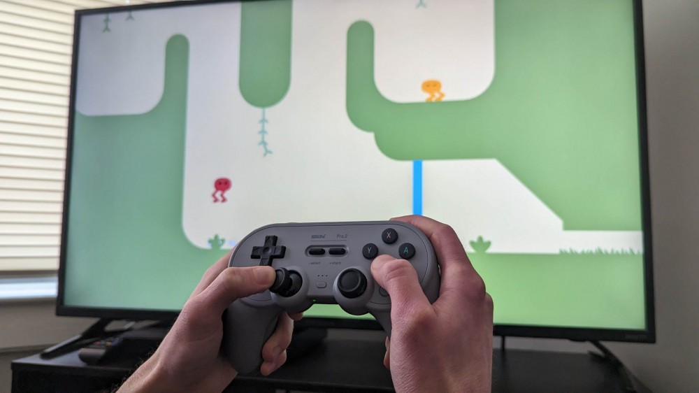 8Bitdo Pro 2 wireless controller with a TV in the background